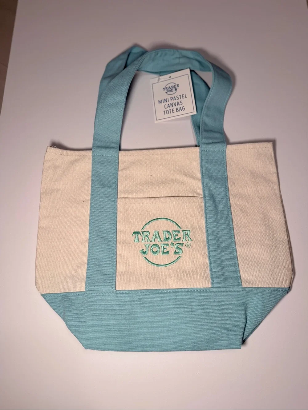 Trader Joe's Mini Pastel Canvas Tote Bag Light Blue Cream‎ Embroidered Logo NWT